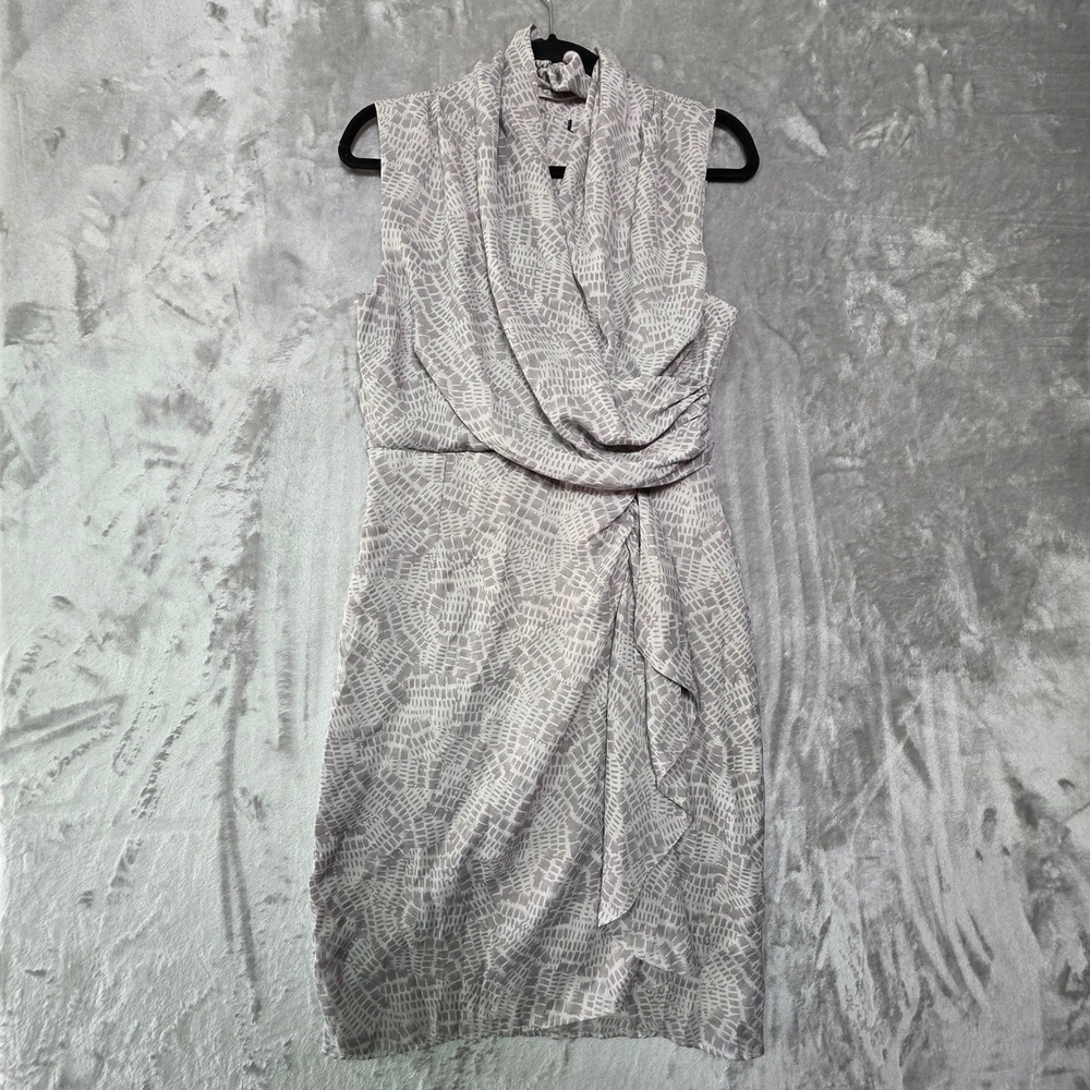 HM Womens Grey Abstract Draped Cowl Neck Ruffle Faux Wrap Sheath Dress Medium